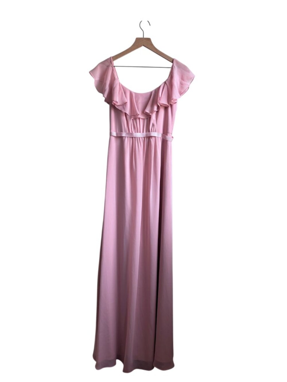 David's Bridal Cold Shoulder Flutter Sleeve Chiffon Long Bridesmaid Dress Pink 0 - Picture 5 of 9